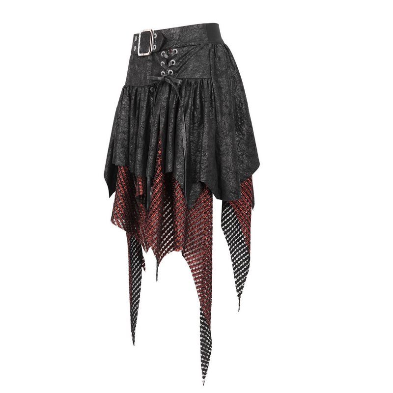 Gothic black and red splicing irregular skirt with bold buckle and dynamic hem, perfect for edgy fashion enthusiasts.