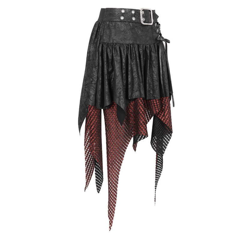 Gothic black and red splicing irregular skirt with bold buckle, featuring a dynamic hem for a rebellious style.