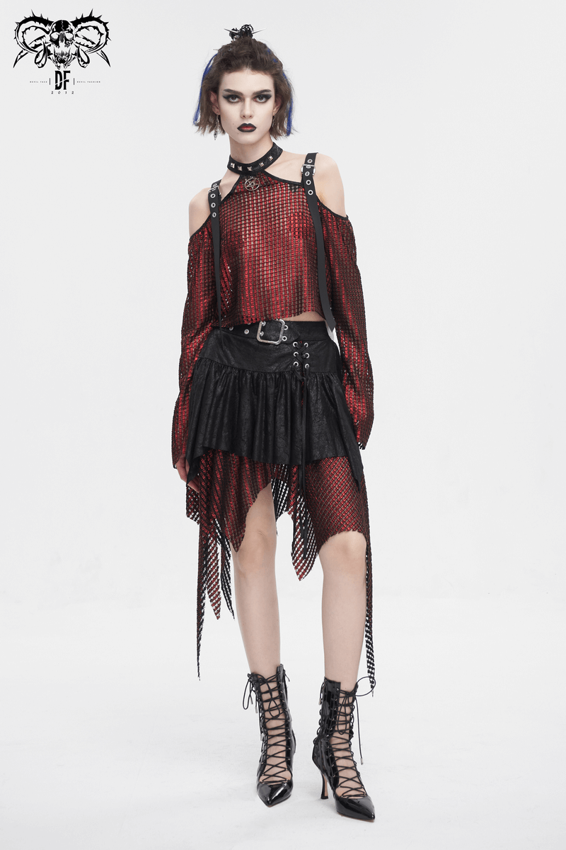 Gothic black and red splicing irregular skirt with buckle, styled with a mesh top and lace-up boots.