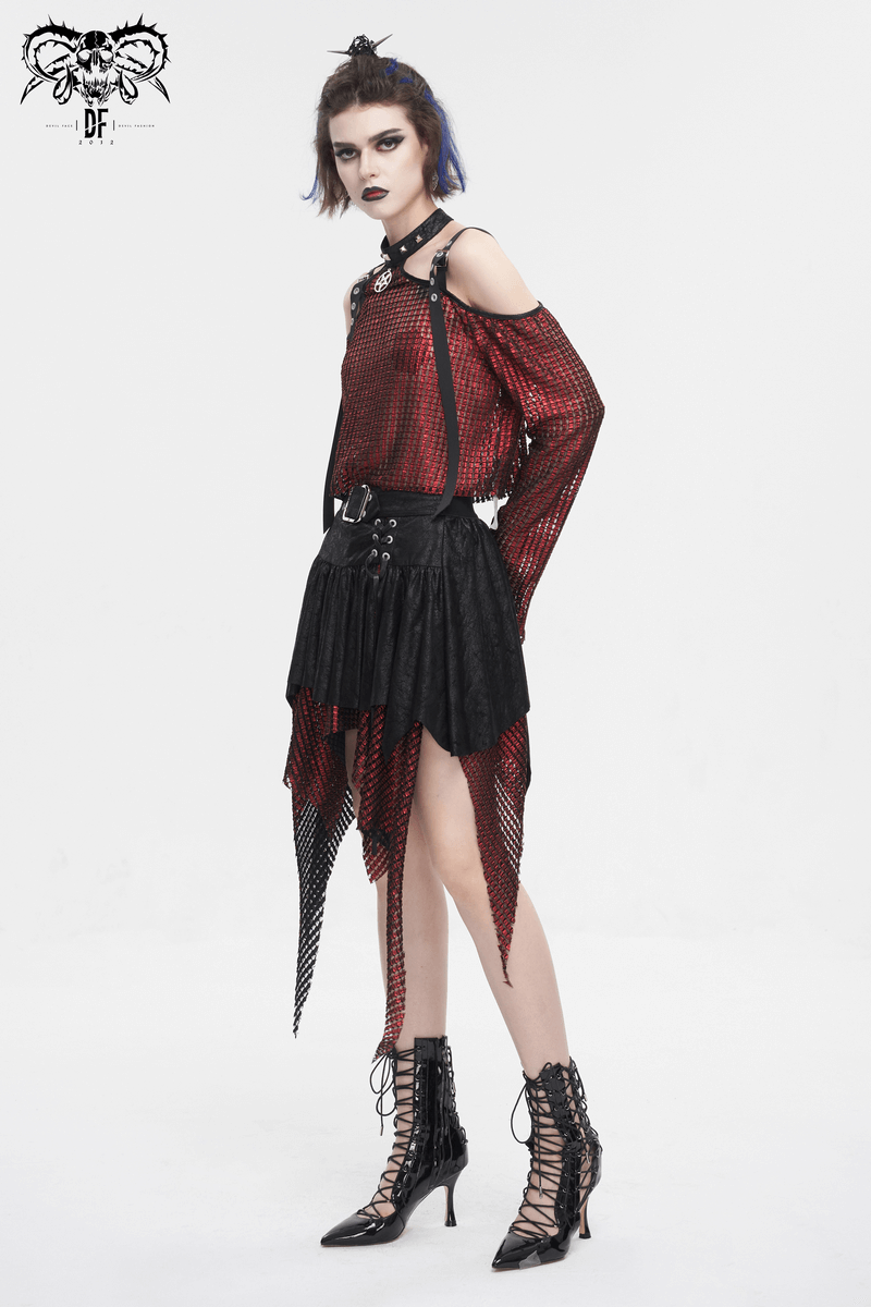 Gothic black and red splicing irregular skirt with buckle, paired with edgy outfit and lace-up boots.