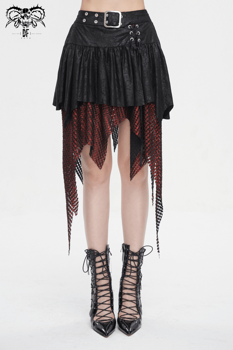 Gothic black and red splicing irregular skirt with buckle detail, perfect for edgy fashion statements.