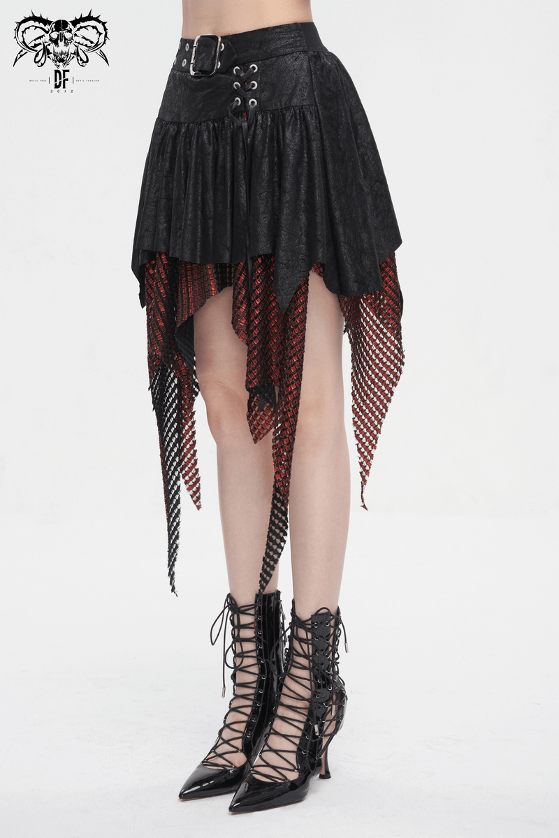 Gothic black and red splicing irregular skirt with buckle detail and dynamic hemline.
