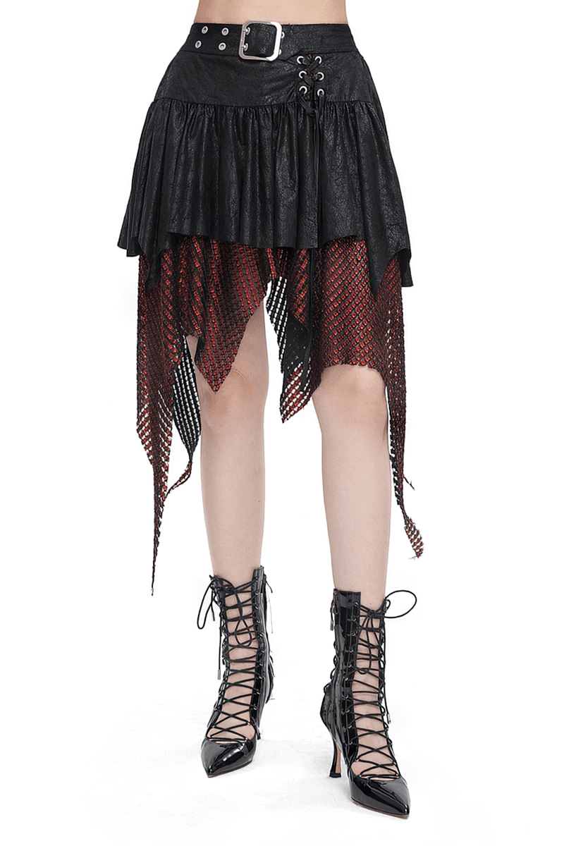 Gothic black and red splicing irregular skirt with buckle, featuring dramatic hem and stylish buckle detail.