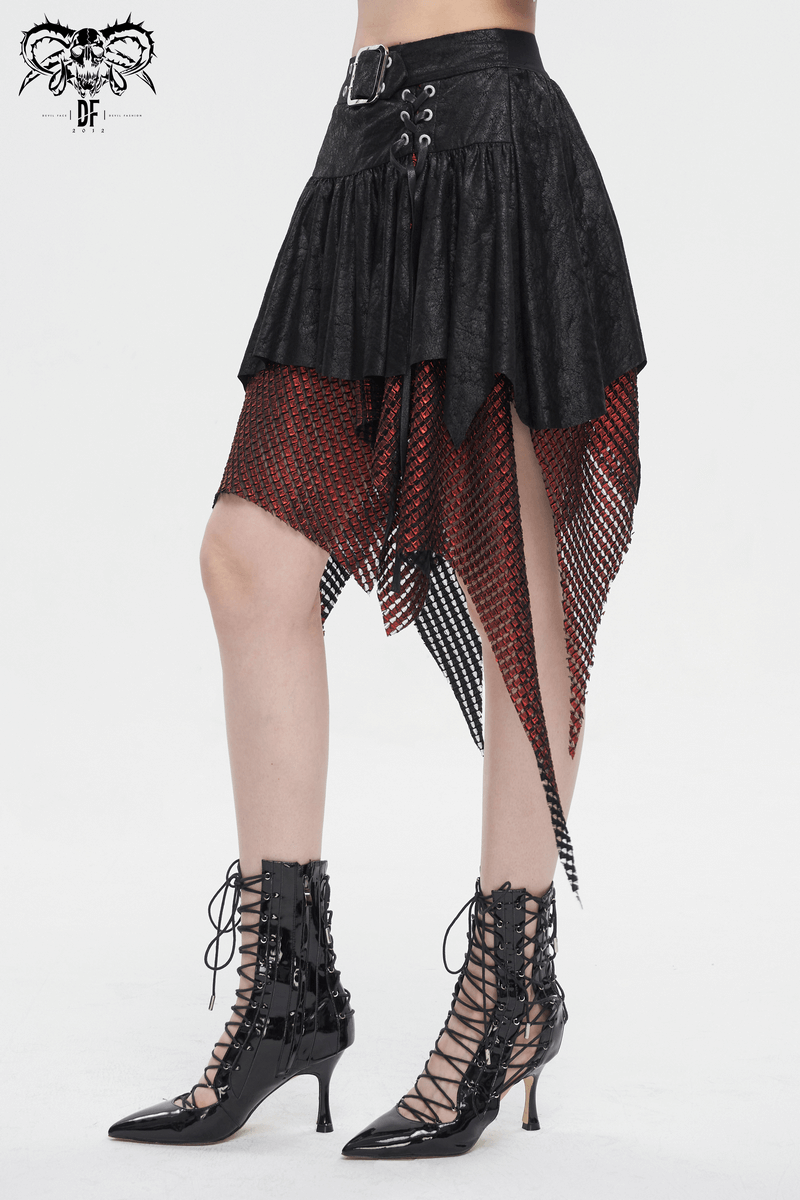Gothic black and red splicing irregular skirt with buckle detail, perfect for an edgy, bold fashion statement.