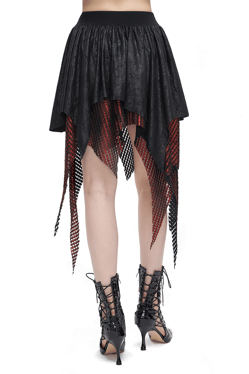 Gothic black and red splicing irregular skirt with buckle, featuring a unique asymmetrical hem and stylish lace-up heels.