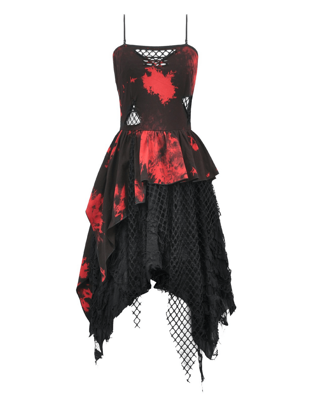 Gothic Black and Red Tie-Dye Dress with Ruffles and Mesh showcasing unique mesh and ruffle details.