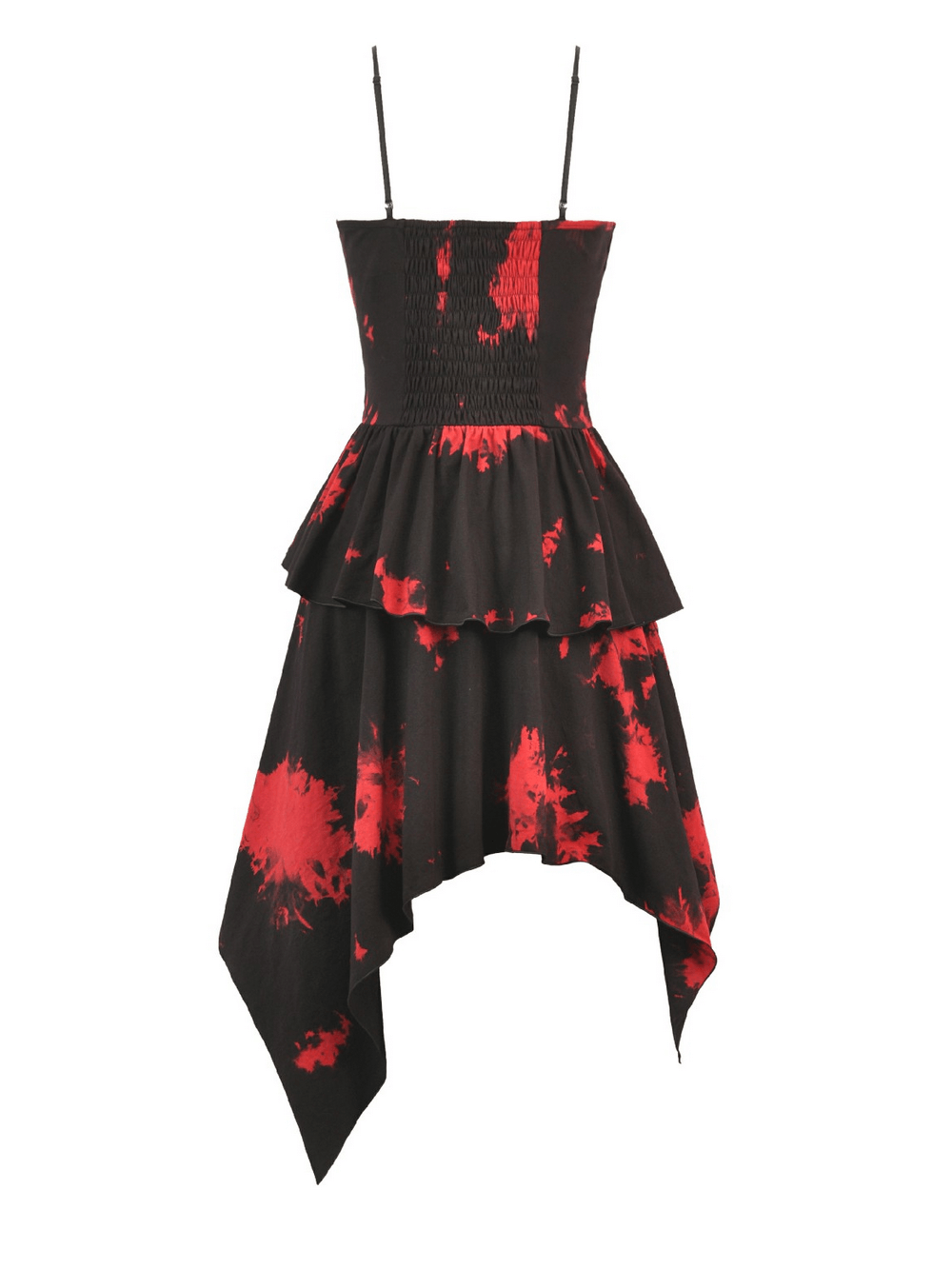 Gothic Black and Red Tie-Dye Dress with Ruffles and Mesh showcased from the front.