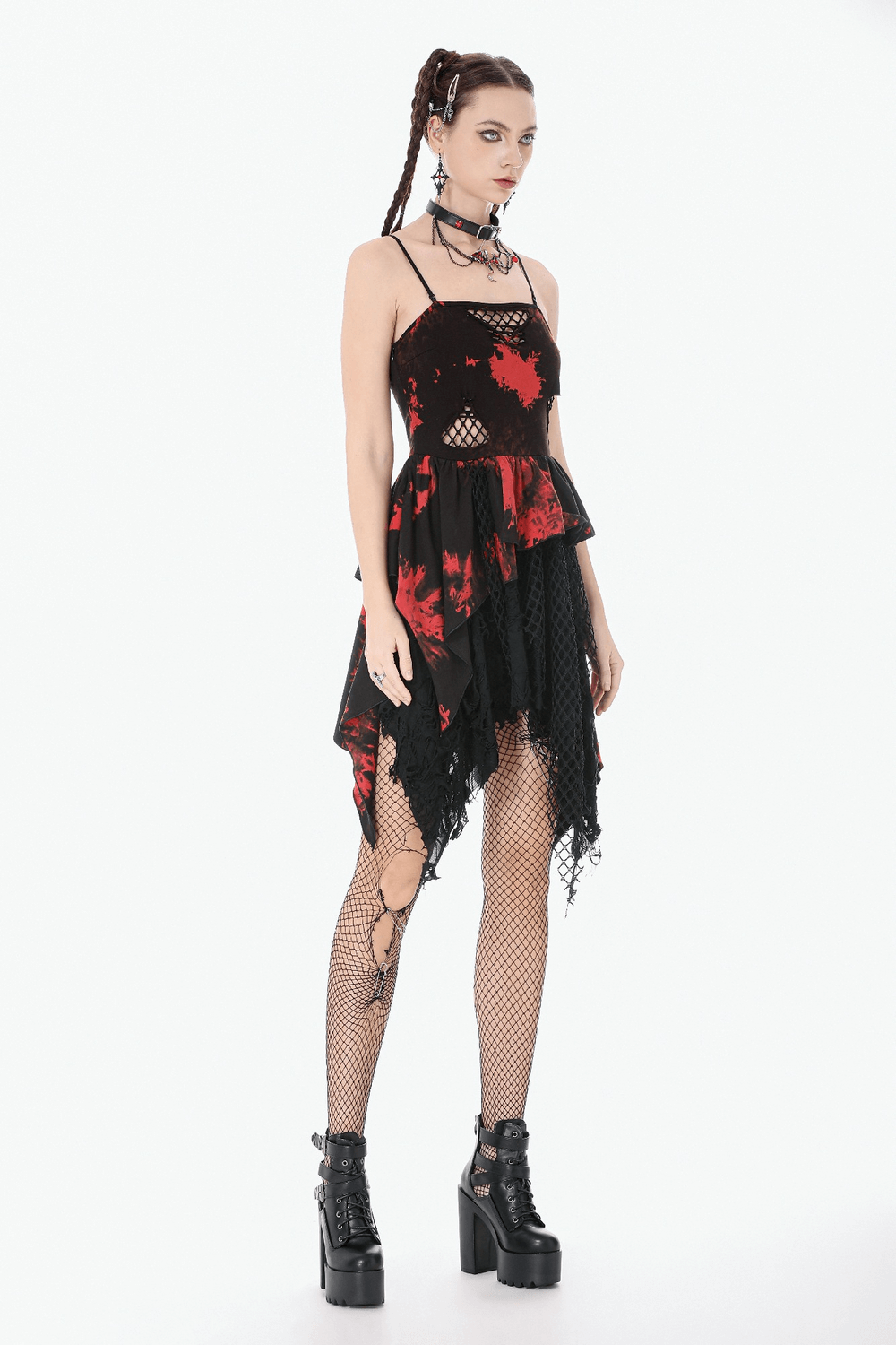 Gothic Black and Red Tie-Dye Dress with Ruffles and Mesh showcased by a model in trendy gothic style.