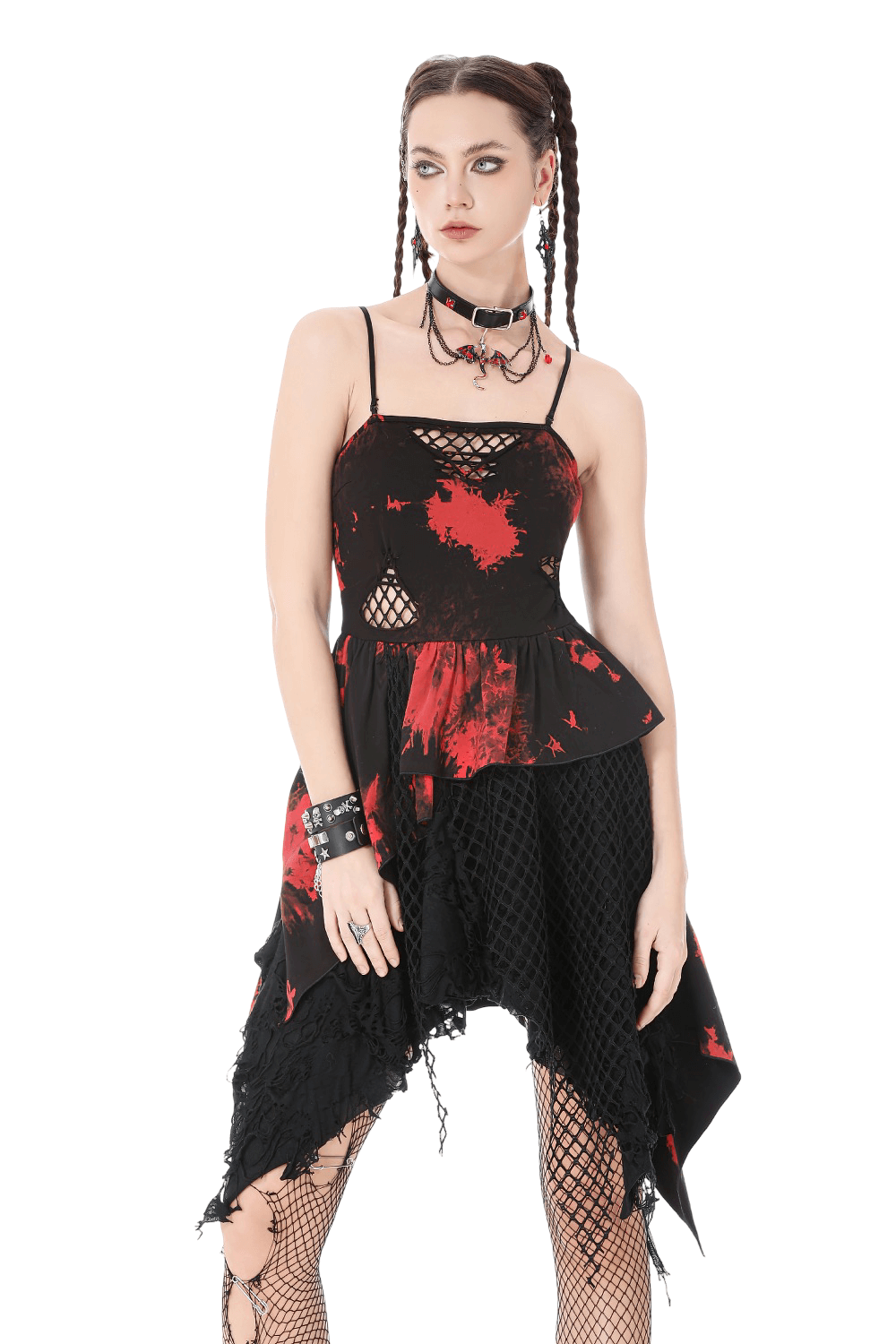 Gothic Black and Red Tie-Dye Dress with Ruffles and Mesh worn by a model, showcasing its unique design.