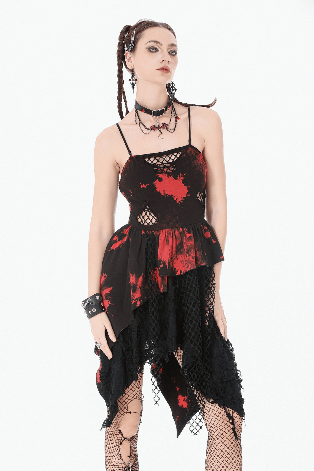 Gothic Black and Red Tie-Dye Dress with Ruffles and Mesh displayed on a model with edgy accessories.