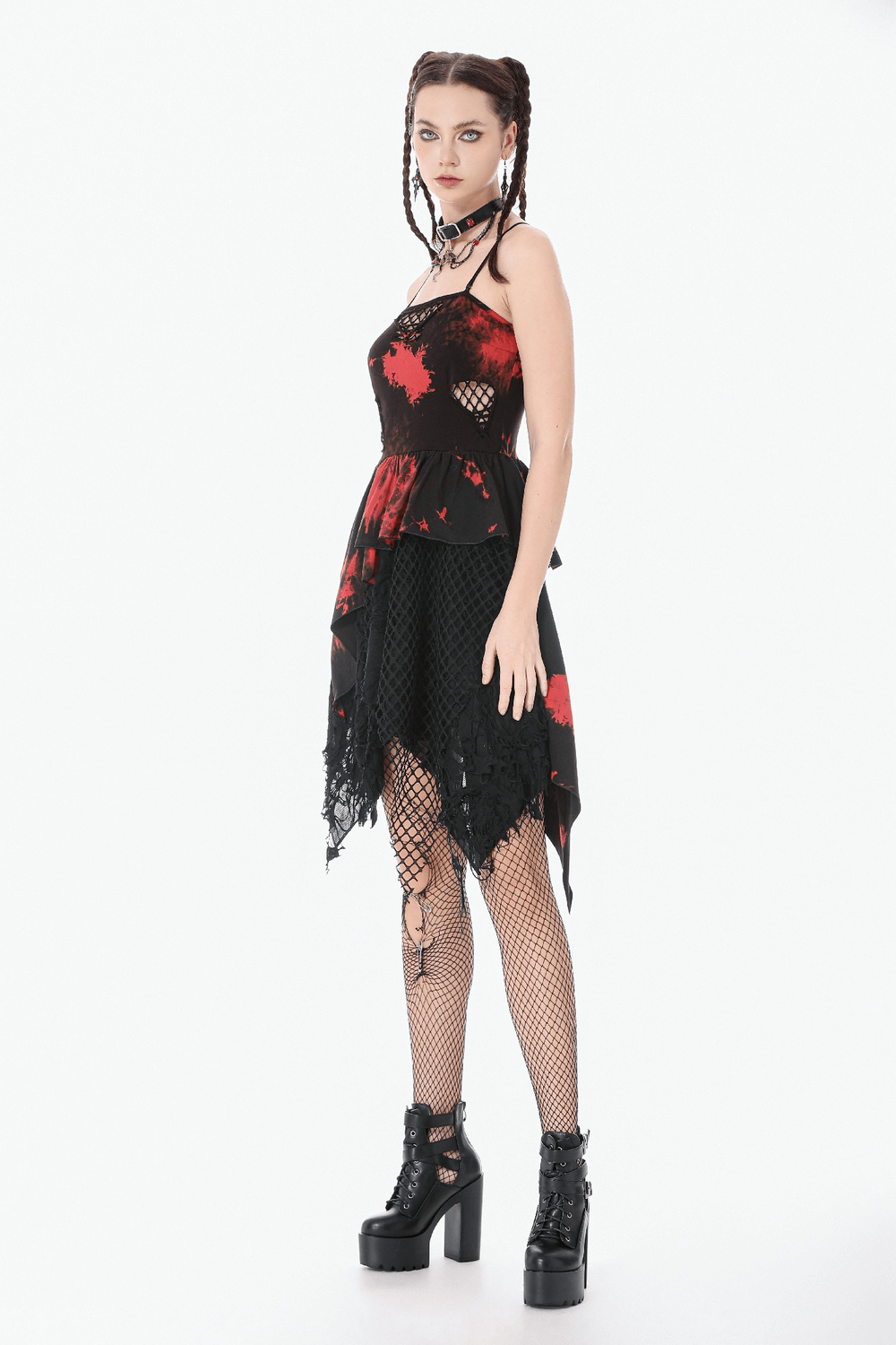 Gothic Black and Red Tie-Dye Dress with Ruffles and Mesh showcased on a model, featuring a peplum design and striking details.