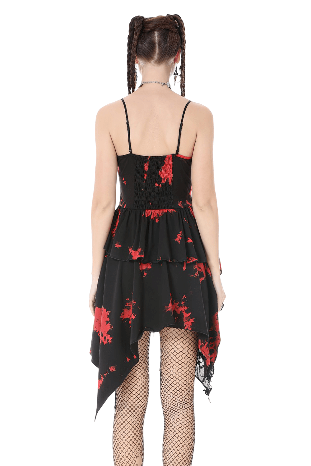 Gothic Black and Red Tie-Dye Dress with Ruffles and Mesh, showcasing a stylish back view with ruffles and mesh details.