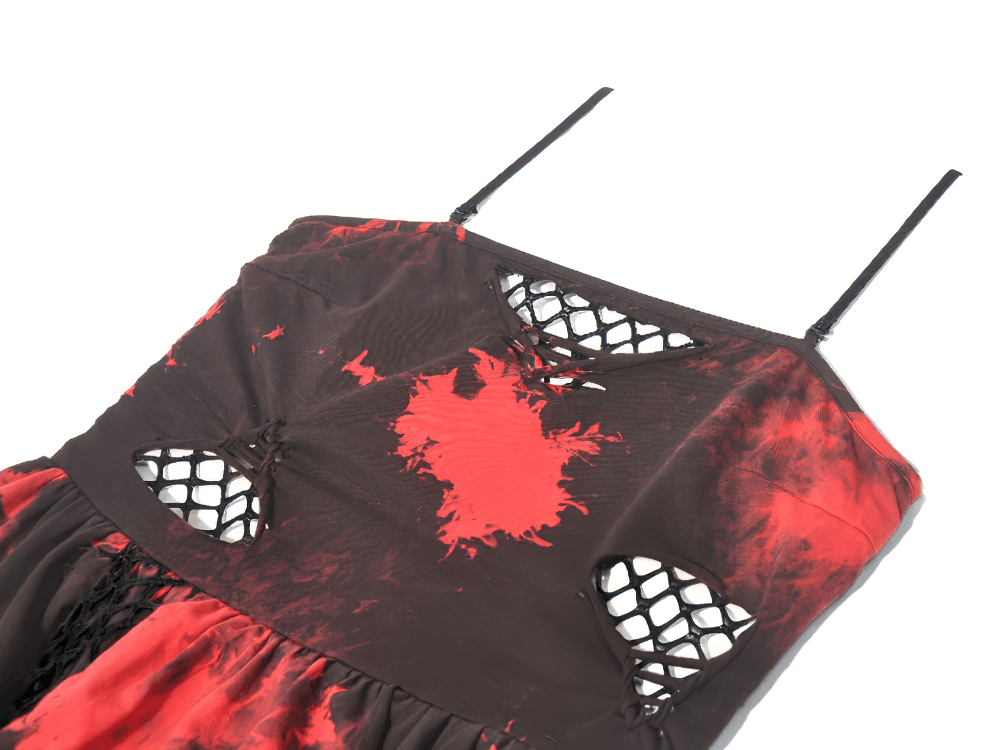 Gothic Black and Red Tie-Dye Dress with Ruffles and Mesh featuring edgy cutouts and a striking color contrast.