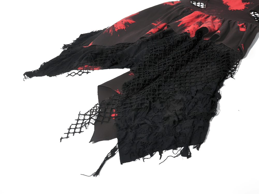 Gothic Black and Red Tie-Dye Dress with Ruffles and Mesh showing intricate textures and bold colors.