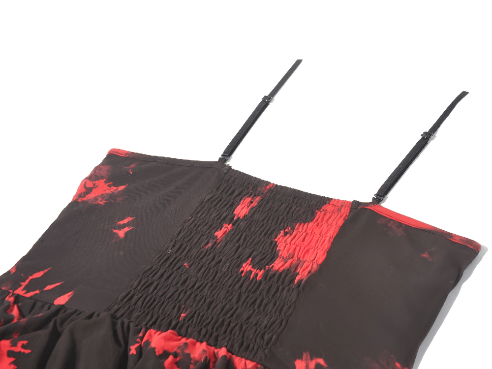 Gothic Black and Red Tie-Dye Dress with Ruffles and Mesh featuring a stylish spaghetti strap design.