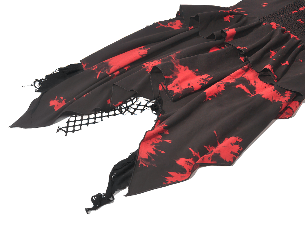 Gothic Black and Red Tie-Dye Dress with Ruffles and Mesh showcasing ruffled edges and unique tie-dye pattern.