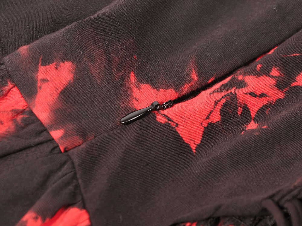 Gothic Black and Red Tie-Dye Dress with Ruffles and Mesh close-up of zipper detail