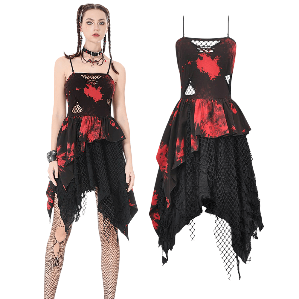 Gothic Black and Red Tie-Dye Dress with Ruffles and Mesh displayed on a model, featuring a unique ruffled design.