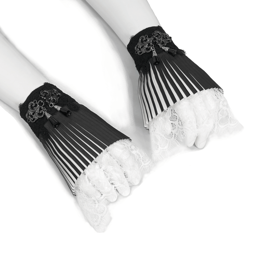 Gothic black and white lace pleated flared fingerless gloves, elegant accessory for a stylish gothic look.