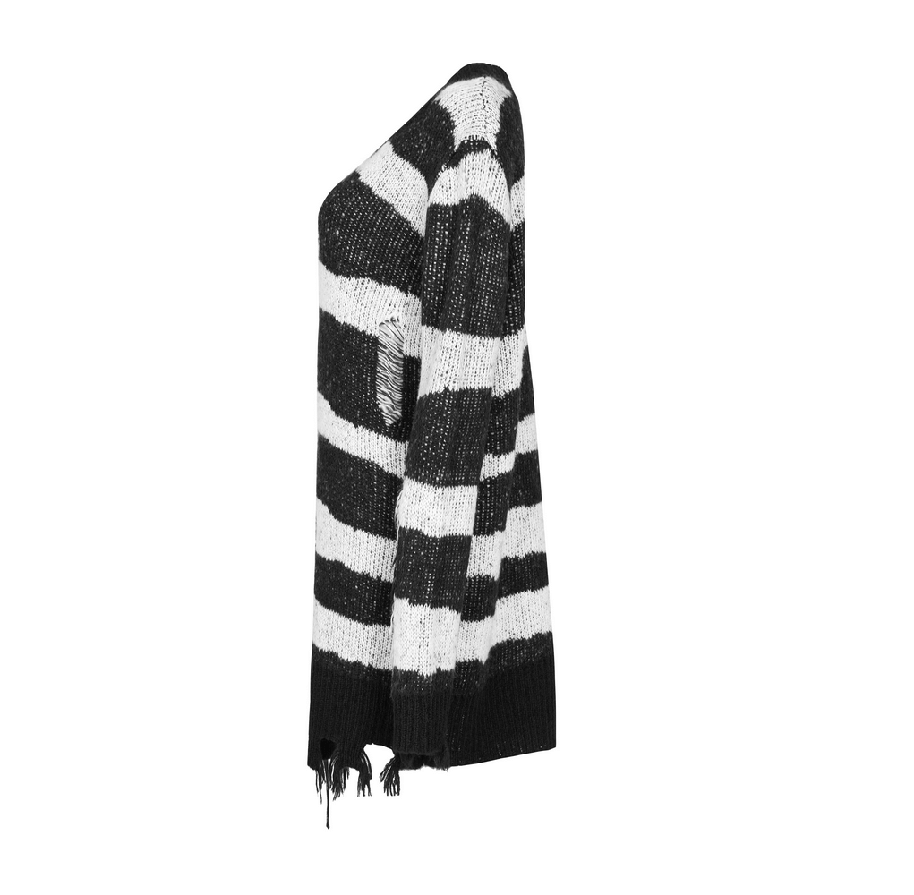 Gothic Black And White Striped Distressed Sweater - HARD'N'HEAVY