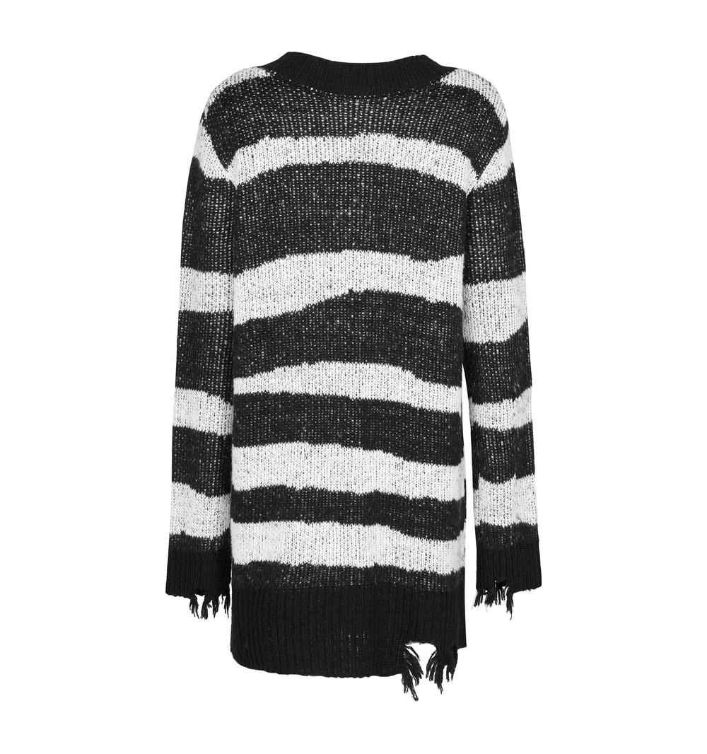 Gothic Black And White Striped Distressed Sweater - HARD'N'HEAVY