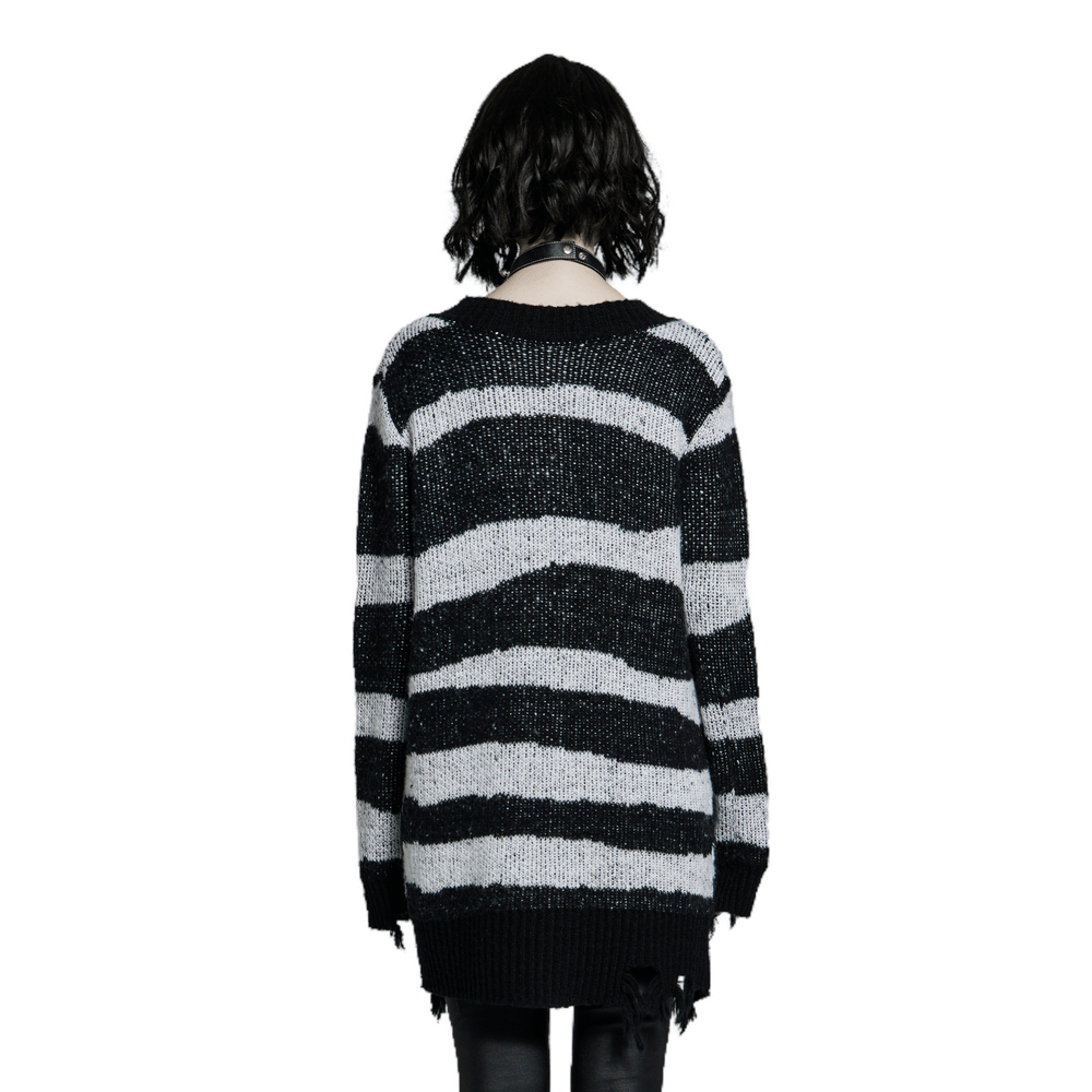 Gothic Black And White Striped Distressed Sweater - HARD'N'HEAVY