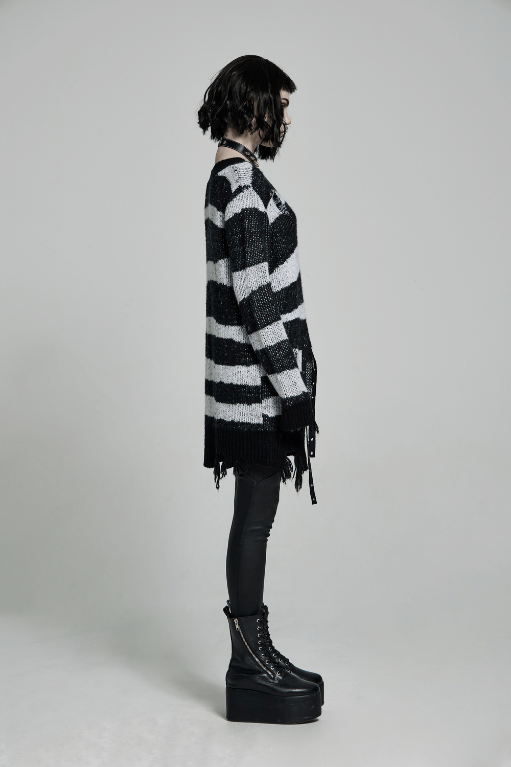 Gothic Black And White Striped Distressed Sweater - HARD'N'HEAVY