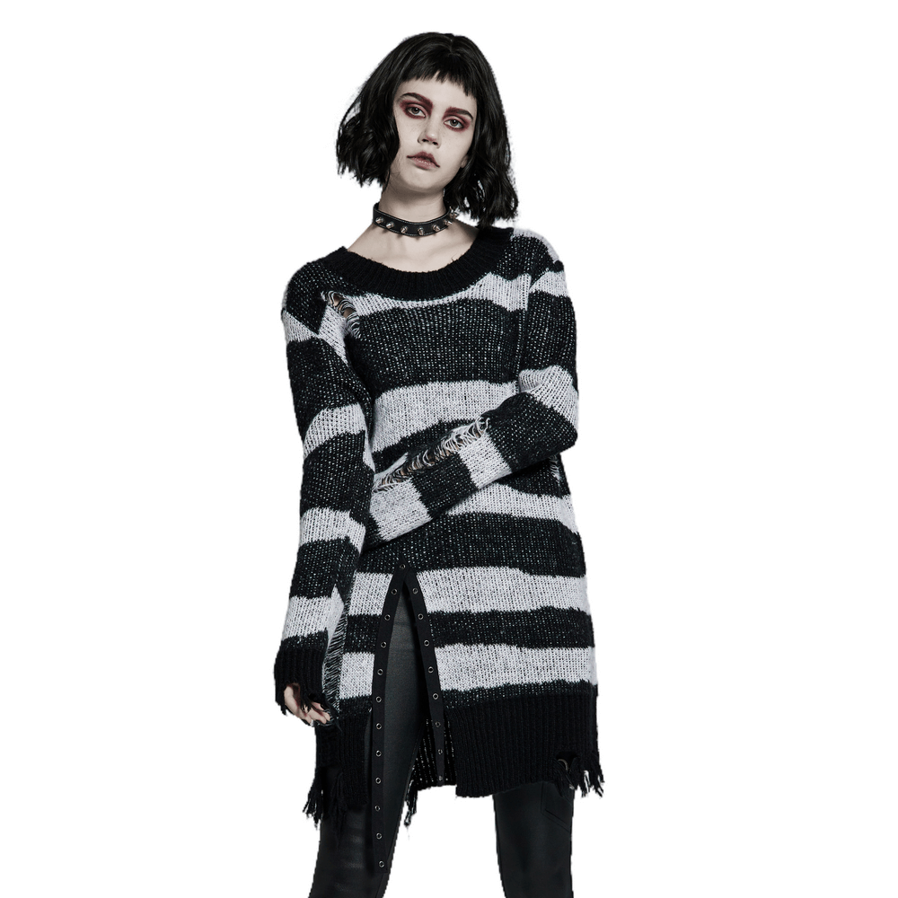 Gothic Black And White Striped Distressed Sweater - HARD'N'HEAVY