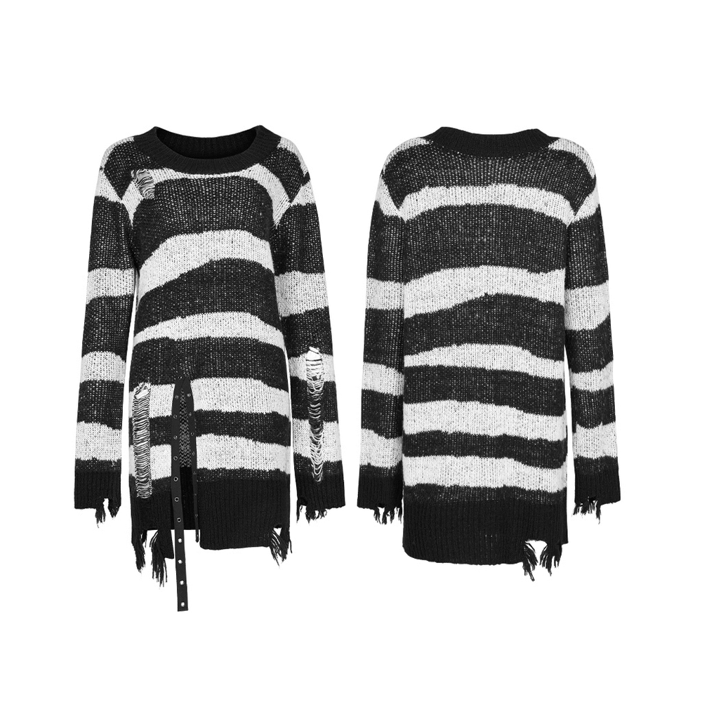 Gothic Black And White Striped Distressed Sweater - HARD'N'HEAVY