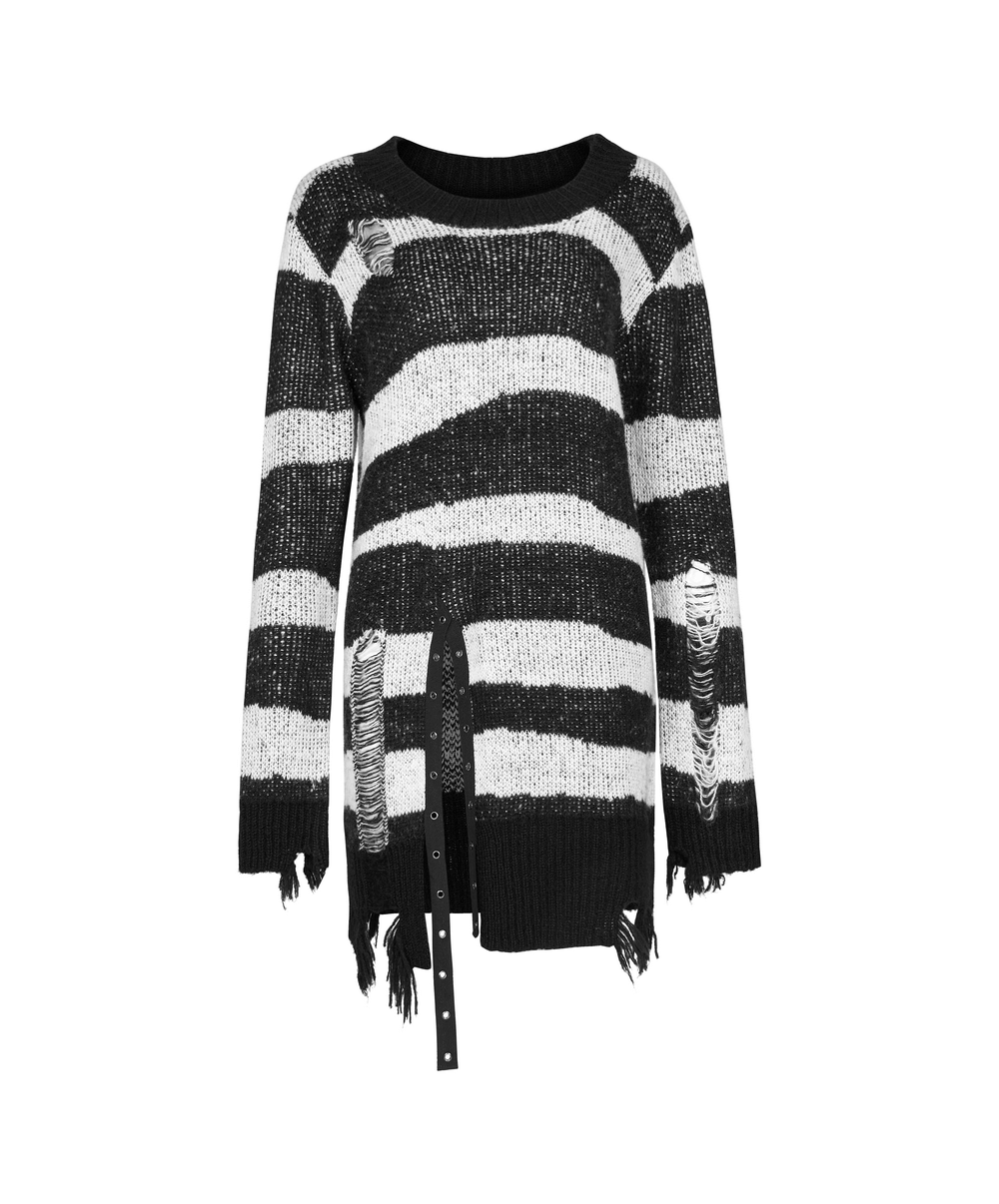 Gothic Black And White Striped Distressed Sweater - HARD'N'HEAVY