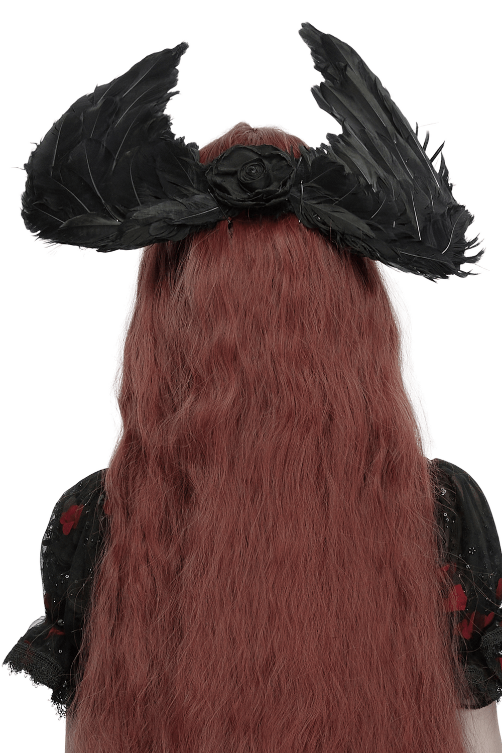 Gothic Black Angel Feather Wing Lace Headband worn by a person with long, wavy red hair and dark clothing.
