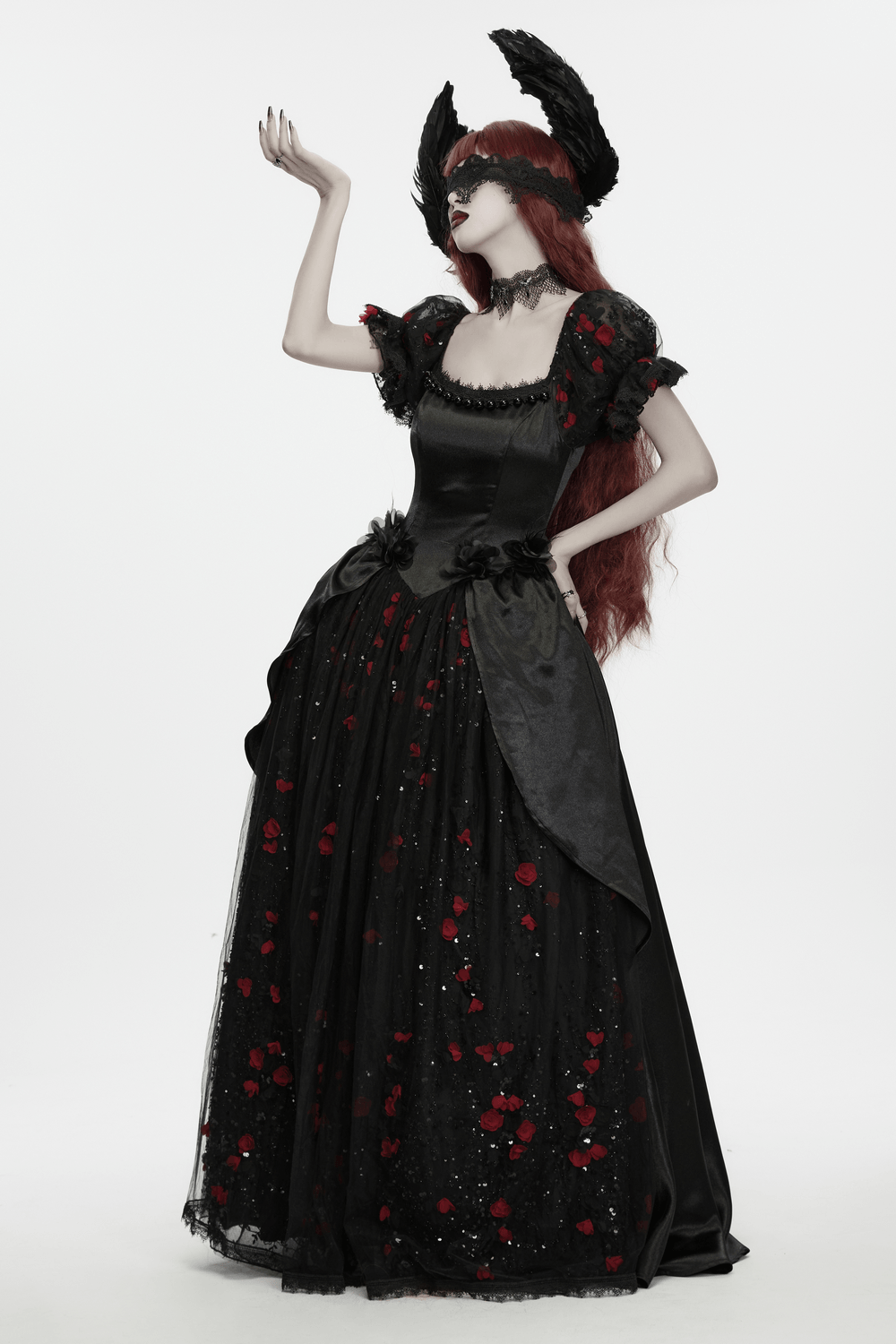 Gothic Black Angel Feather Wing Lace Headband worn with elegant vintage gown featuring red roses and dramatic feathers.