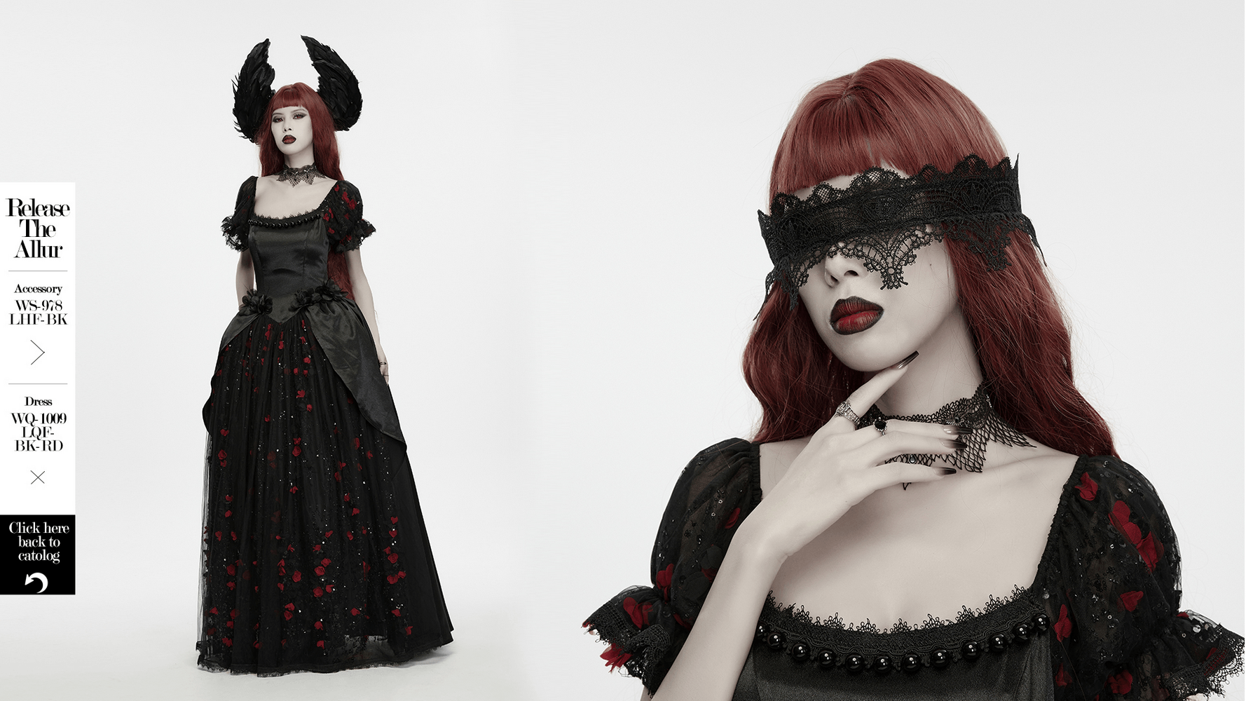 Gothic Black Angel Feather Wing Lace Headband worn with a dramatic black gown and lace accessories.