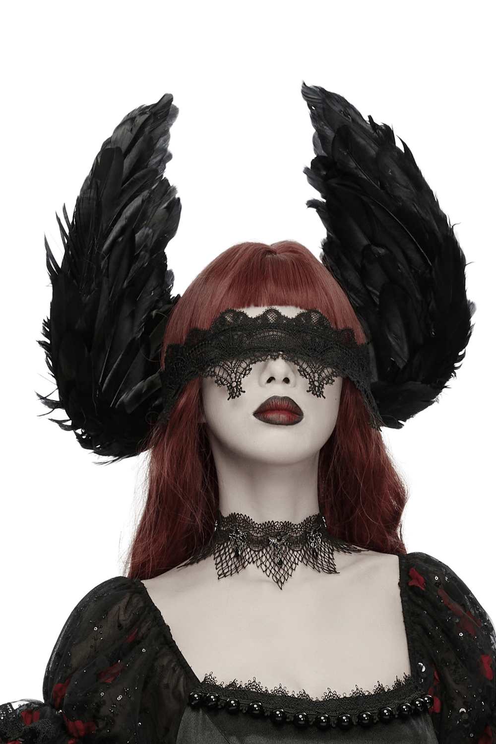 Gothic Black Angel Feather Wing Lace Headband worn by model with black wings and lace accents.