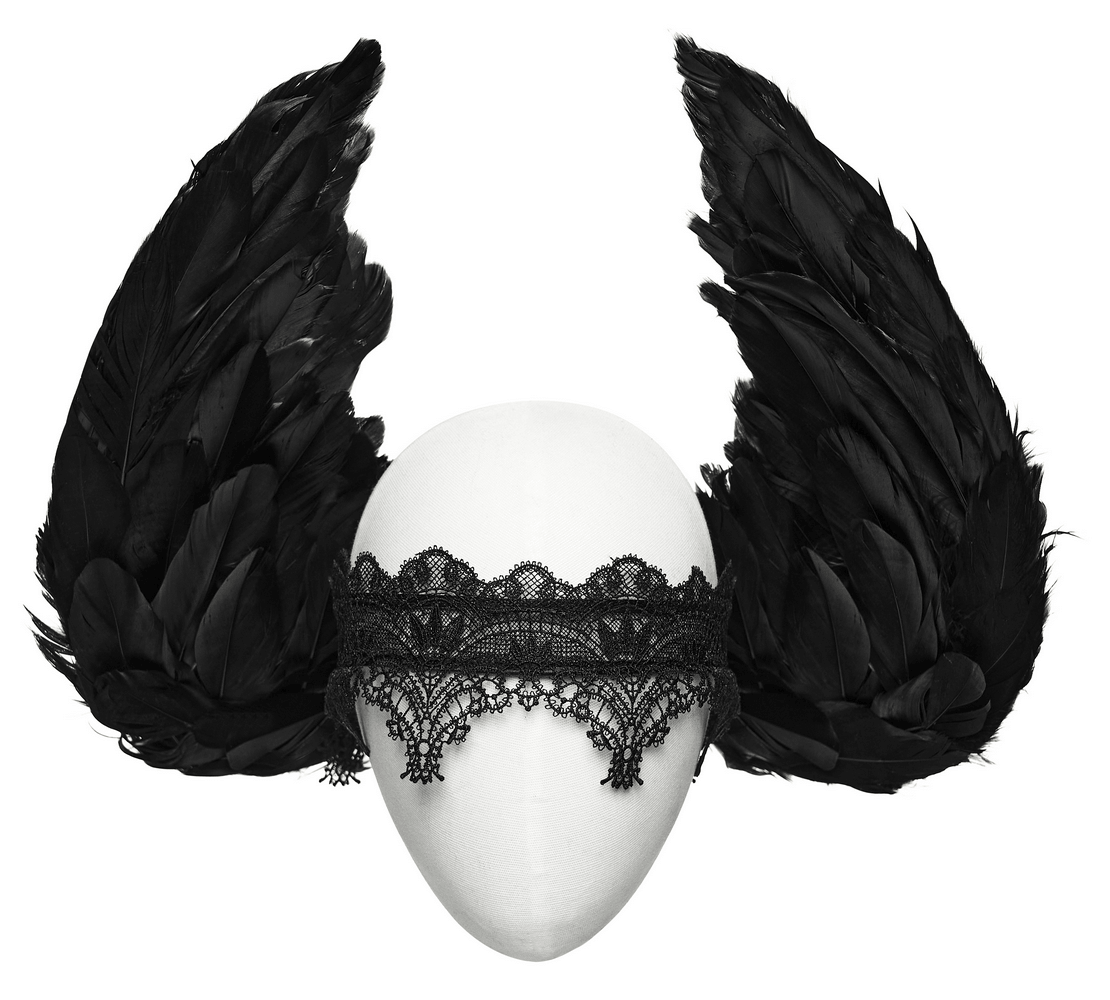 Gothic Black Angel Feather Wing Lace Headband with fluffy black wings and lace band for a dark aesthetic.