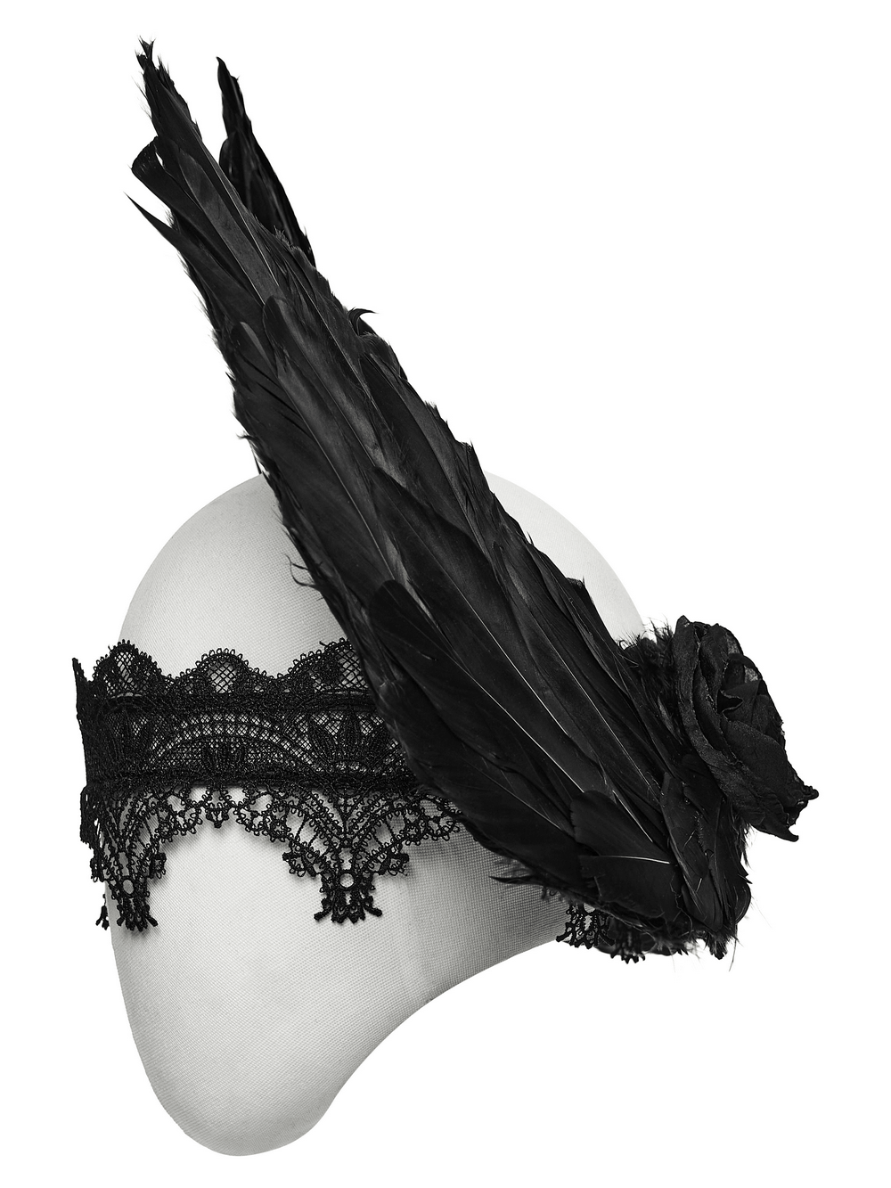 Gothic Black Angel Feather Wing Lace Headband with black feathers and lace detail for a dramatic look.