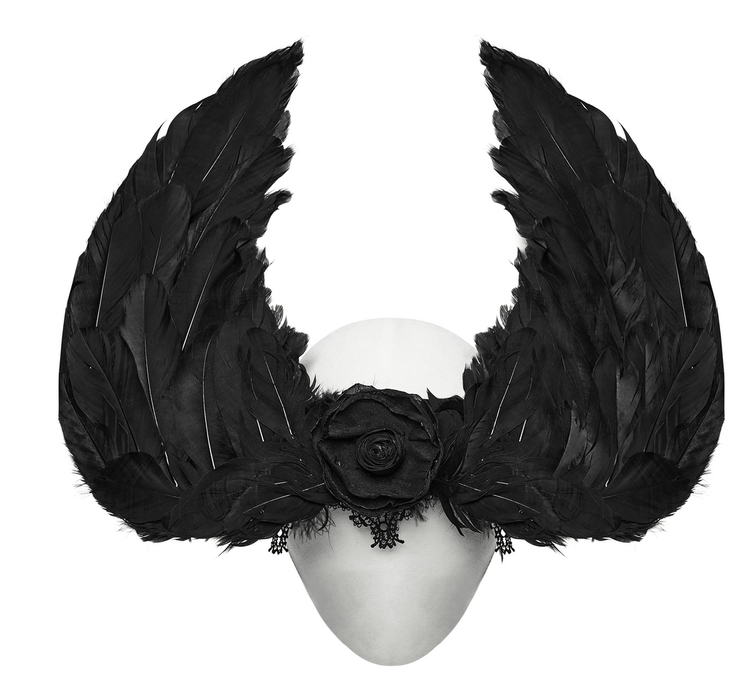 Gothic Black Angel Feather Wing Lace Headband featuring fluffy black wings and rose detail.