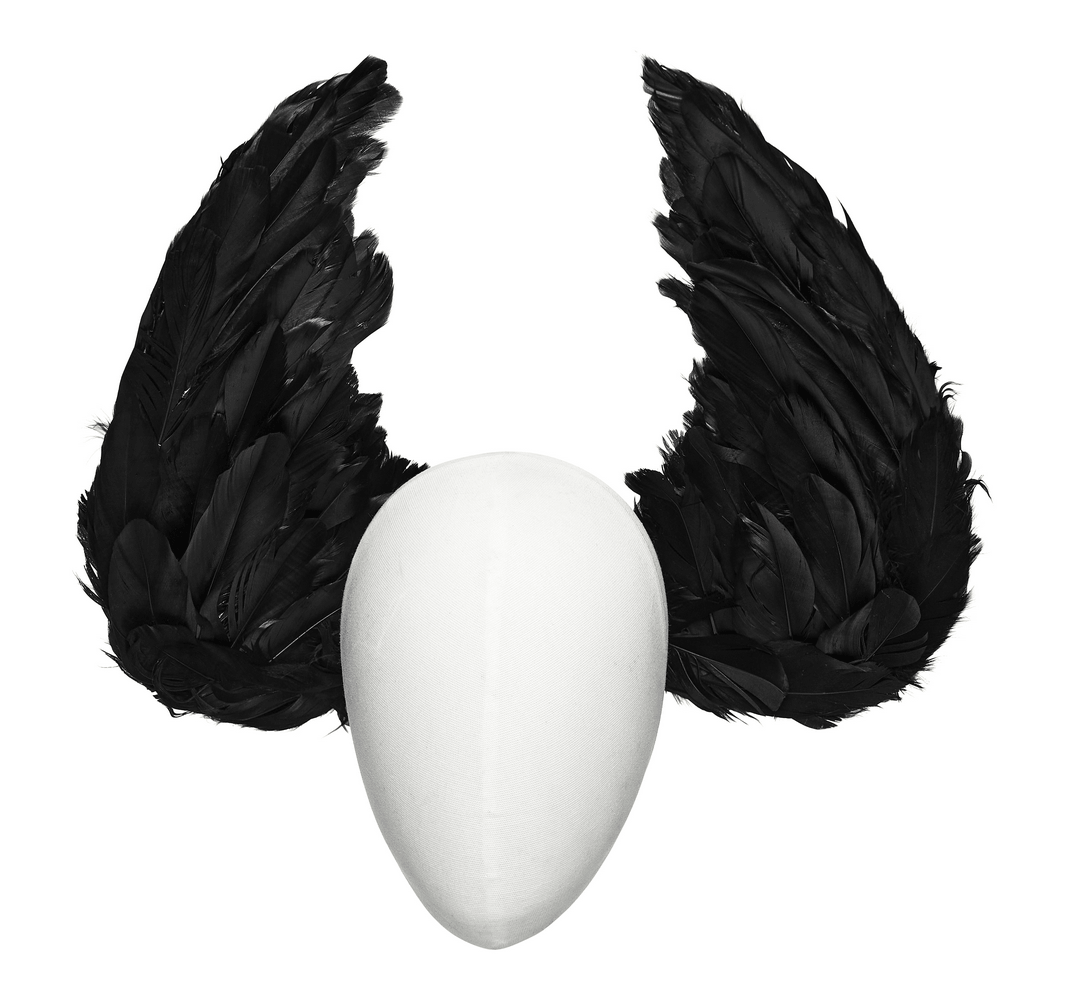 Gothic Black Angel Feather Wing Lace Headband with fluffy black wings and a white base design.
