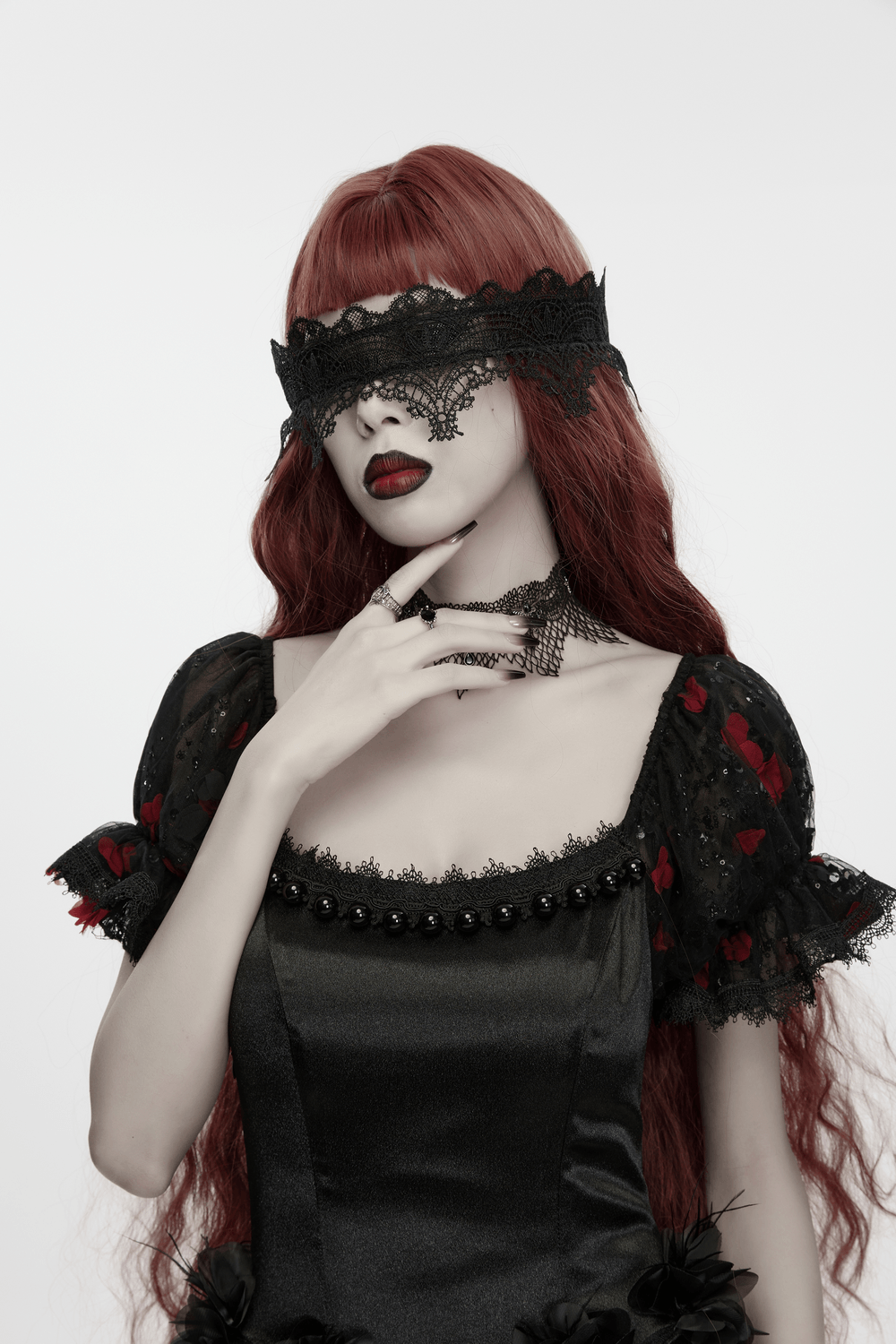 Gothic Black Angel Feather Wing Lace Headband model with black lace mask and dark red hair.