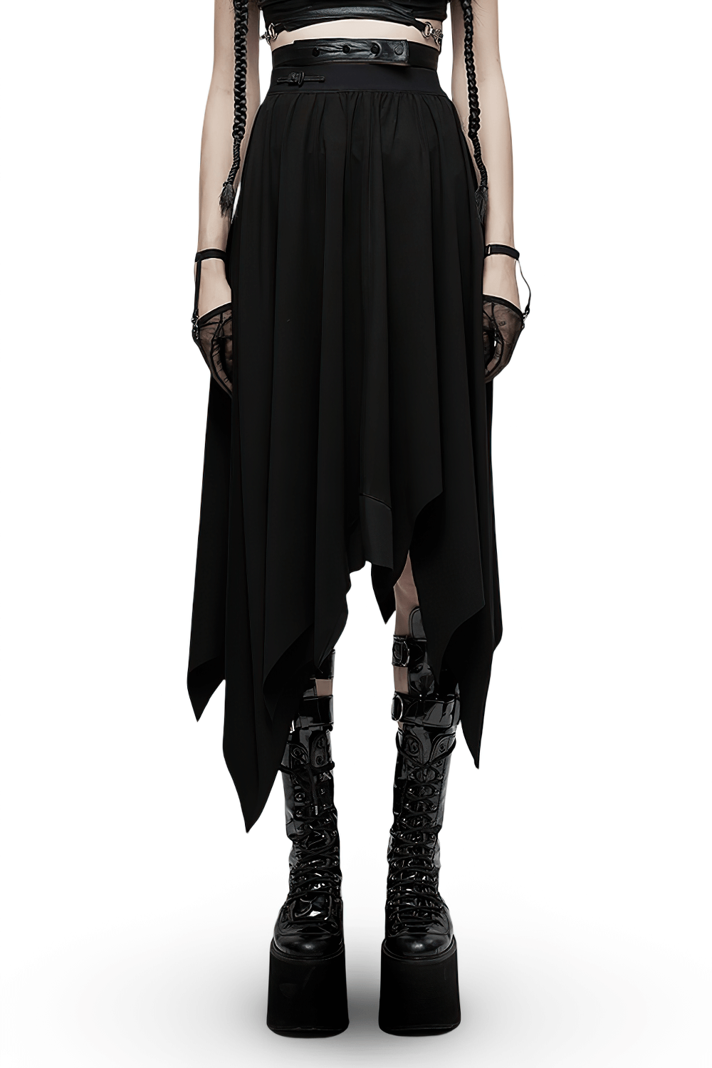Gothic black asymmetrical long skirt with bat hem and buckle waist, paired with edgy platform boots.
