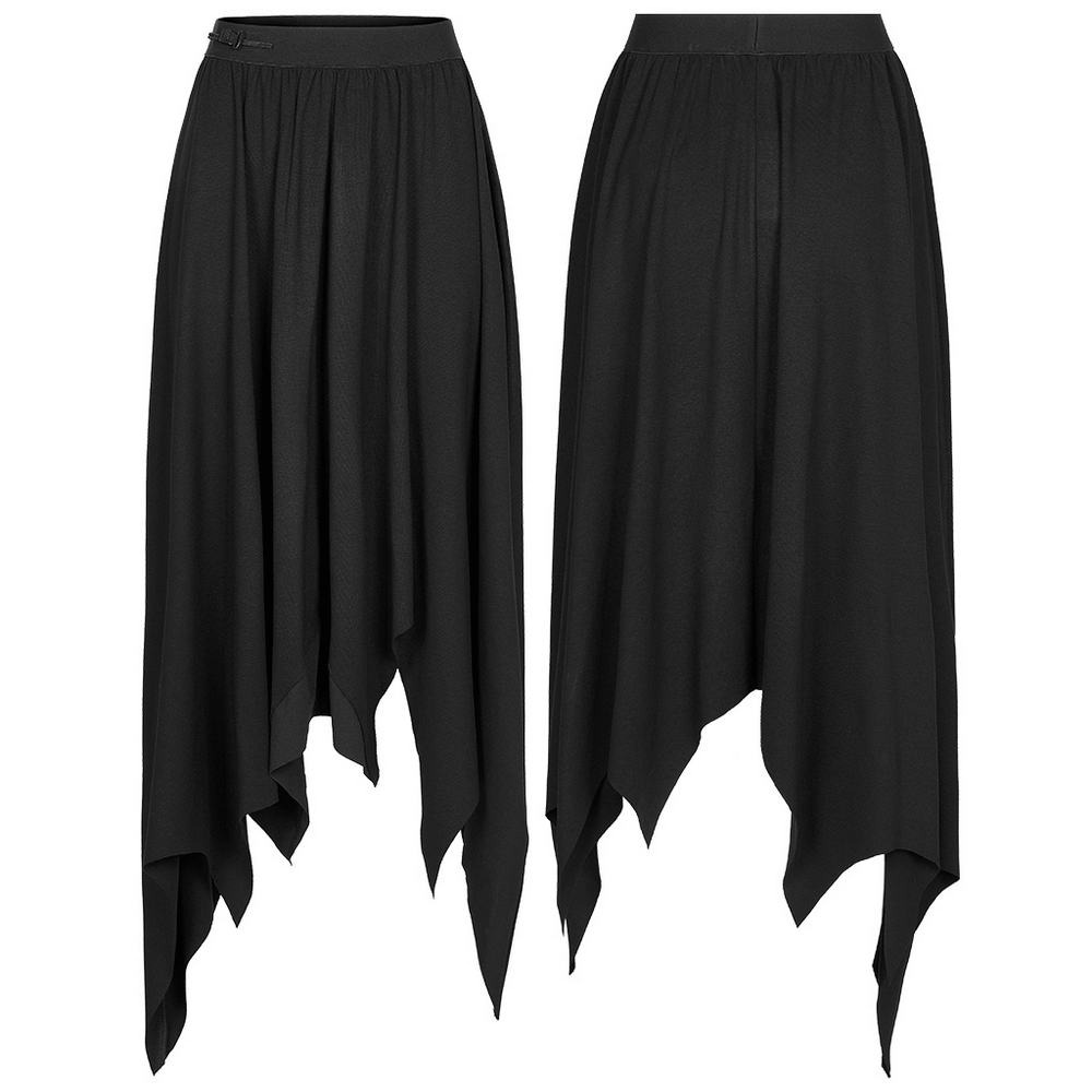 Gothic black asymmetrical long skirt with bat hem and buckle waist, perfect for alternative and streetwear styles.