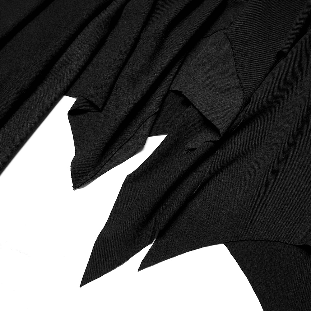Gothic black asymmetrical long skirt fabric featuring flowing layers and bat-pointed hem.