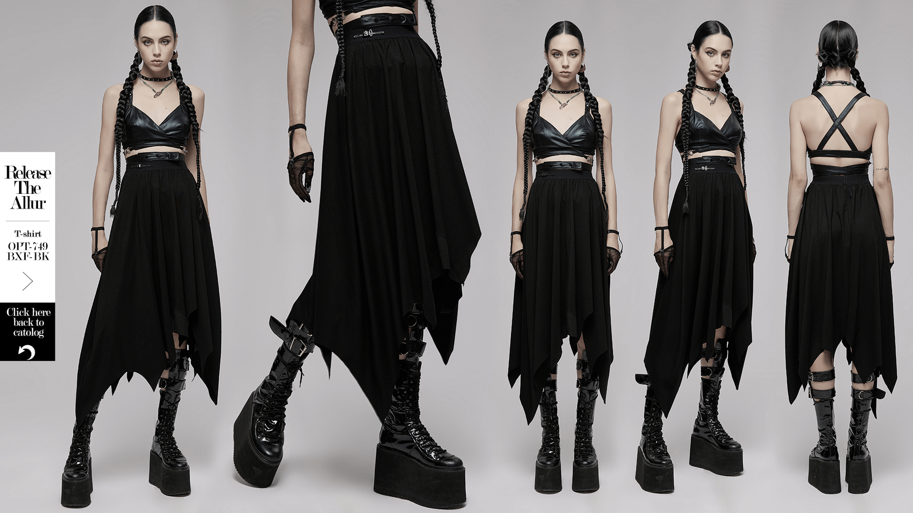 Gothic black asymmetrical long skirt with buckle waist and bat hem, styled for alternative fashion looks.