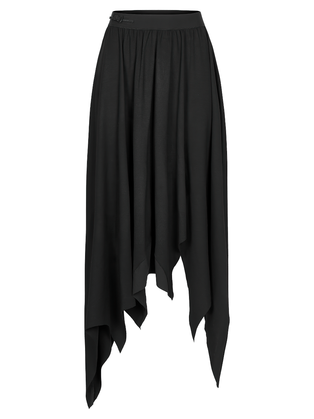 Gothic black asymmetrical long skirt with bat hem and buckle waist detail, perfect for alternative fashion.