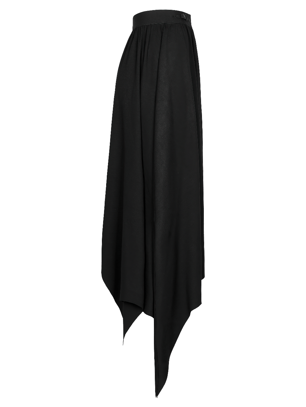 Gothic black asymmetrical long skirt with bat hem and buckle waist for an edgy alternative style.
