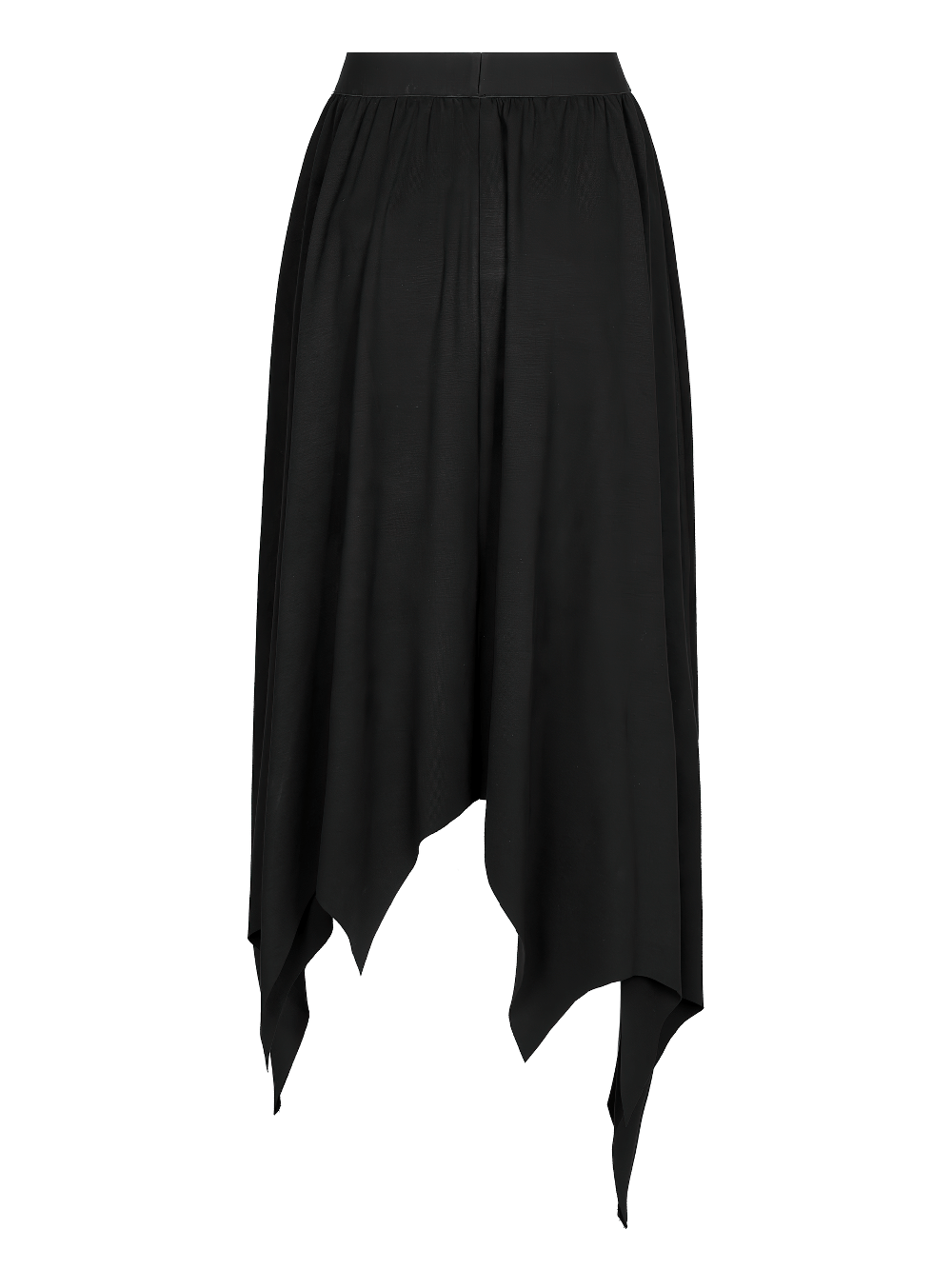 Gothic black asymmetrical long skirt with irregular bat hem and buckle waist detail, perfect for edgy streetwear styling.