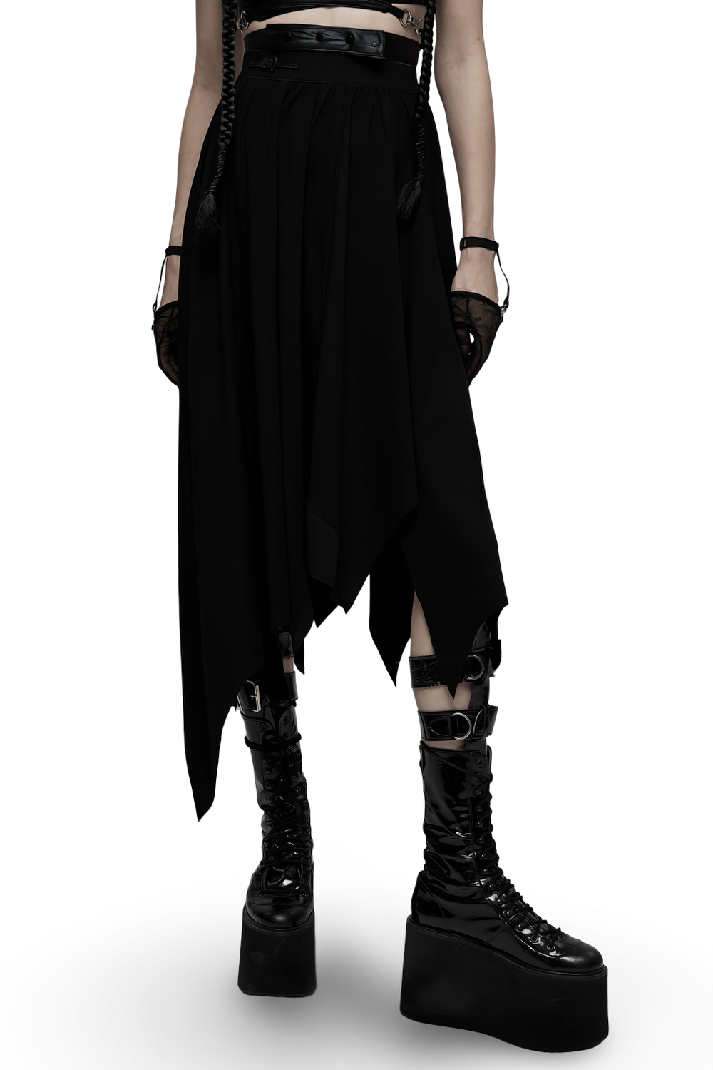 Gothic black asymmetrical long skirt with buckle waist and bat hem, paired with platform boots.