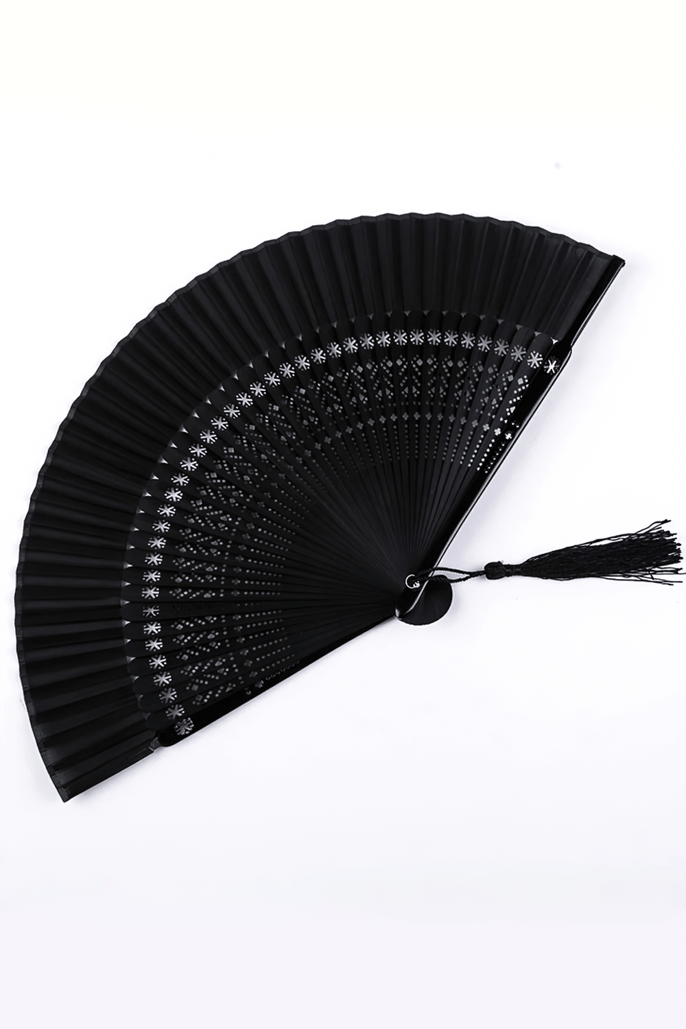 Abanico plegable gótico de bambú negro con borla