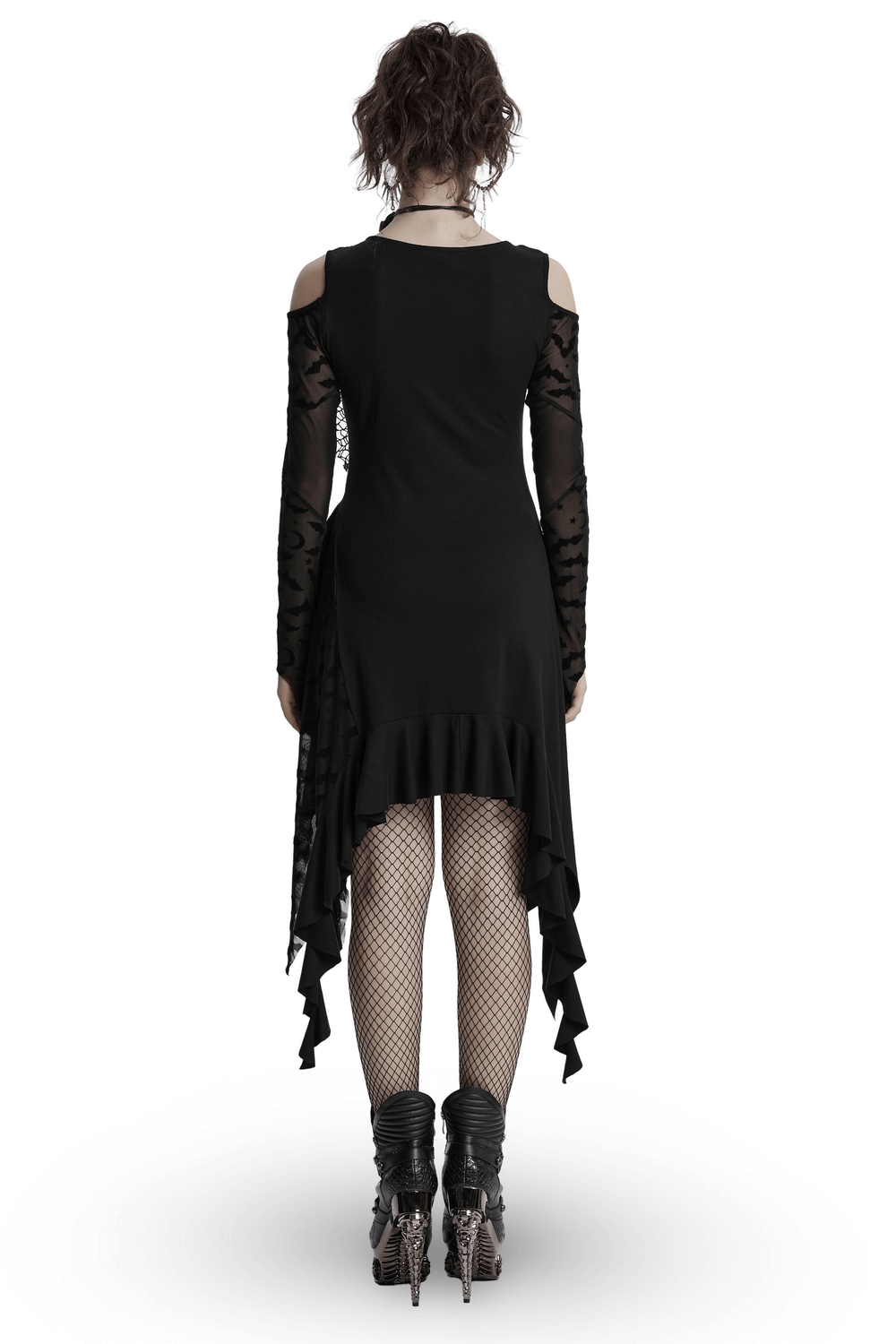 Back view of Gothic black bat mesh dress with ruffled hem and sleeves, showcasing an edgy, sexy look.