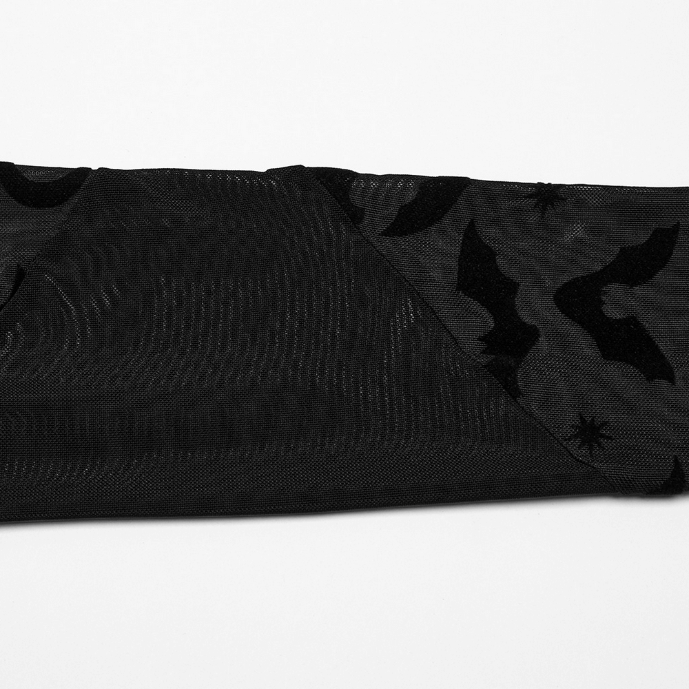 Gothic black bat mesh fabric with bat and star patterns perfect for edgy fashion designs.